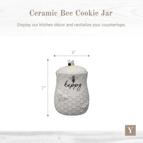 Miniatura 2 de Young's Inc. Tarro de Galletas de Cerámica con Diseño de Abeja de Miel con Tapa y Asa – Diseño de Panal, 5.75" x 5.83" x 7.87", Almacenamiento