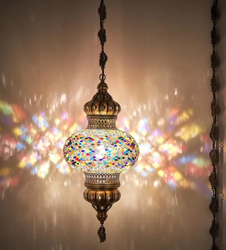 Miniatura 2 de DEMMEX Lámpara colgante de techo con globo de mosaico turco marroquí de 10 pulgadas XL, luz de techo enchufable con cadena y cable de 15 pies