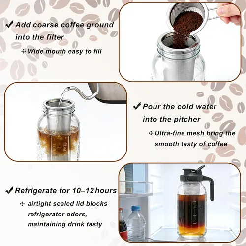 Miniatura 4 de Cafetera de cerveza fría de 32 onzas de boca ancha con filtro de acero inoxidable, jarra de infusión fría hermética y a prueba de fugas de 1 cuarto