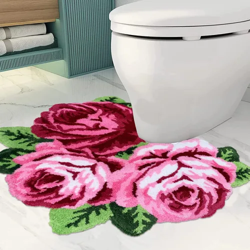 Miniatura 7 de ABREEZE Alfombra floral en forma de U para inodoro, alfombra de baño, antideslizante, tapete de ducha de baño, tapete de baño absorbente de felpa