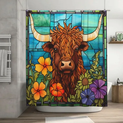 Highland - Cortina de ducha de vaca para baño, diseño de hojas de flores, juego de cortina de ducha estilo bohemio, tela abstracta de animales