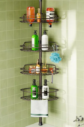 HAMITOR Organizador de Ducha de Esquina con Barra de Tensión: Estanterías Ajustables de 4 Niveles Resistente a la Oxidación - 120-206 Cm Instalación