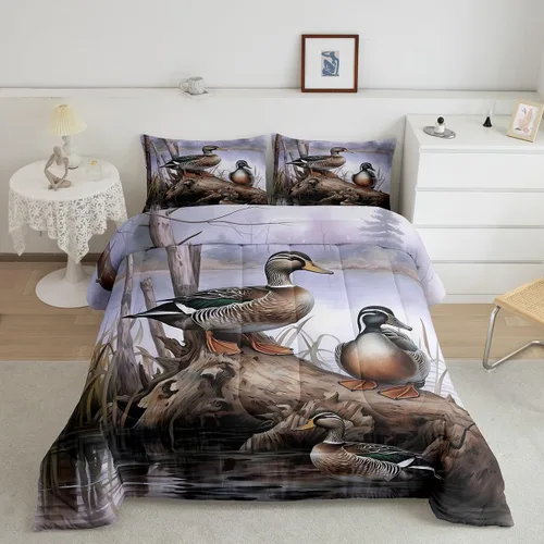 Feelyou Juego de edredón de caza de patos para niñas y niños, edredón de patos de malardo, juego de ropa de cama de caza y pesca, juego de edredón
