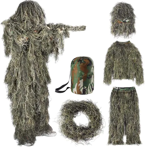 Miniatura 7 de Traje Ghillie 5 en 1 para hombre, incluye chaqueta, pantalones, capucha, bolsa de transporte y cintas de camuflaje, disfraces de Helloween