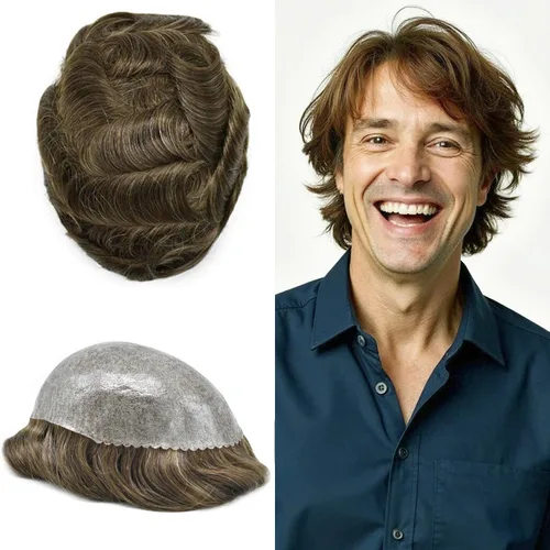 Miniatura 54 de Extensiones de pelo tipo tupé para hombre, sistema de reemplazo de cabello humano virgen 100% europeo, piel fina y duradera, inyección completa