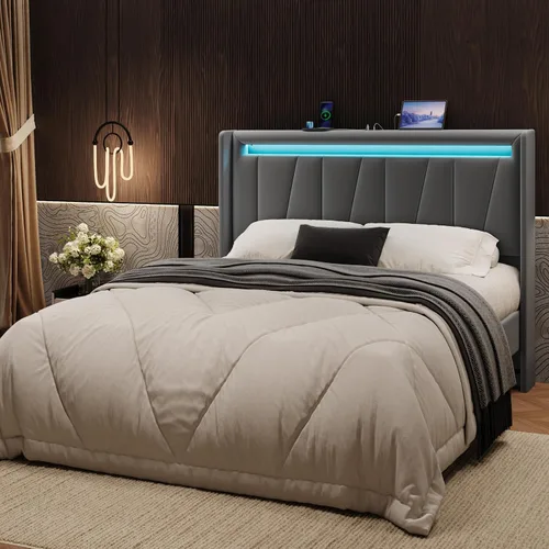 Miniatura 14 de SHA CERLIN - Base de cama Queen con estación de carga y luces LED, cama moderna de plataforma de terciopelo con cabecero tapizado geométrico,