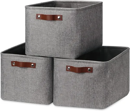Miniatura 36 de HNZIGE Cestas organizadoras grandes de tela (3 unidades), canastas decorativas plegables con asas de cuero (crema, 15 x 11 x 9.5 pulgadas)