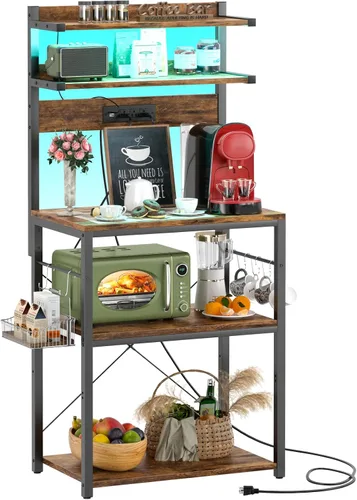 Miniatura 15 de Aheaplus - Estantería de cocina con toma de corriente, soporte para microondas, estación de café de 5 niveles con luces LED, estante