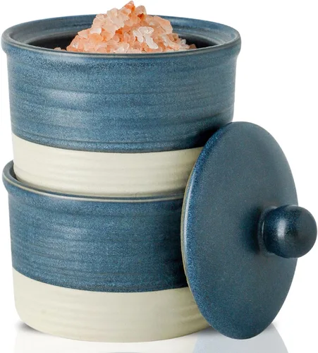 Miniatura 9 de Hasense Salero de cerámica con tapa, cuencos de sal y pimienta de 9 onzas, caja de sal apilable para encimera de cocina, decoración de cocina azul
