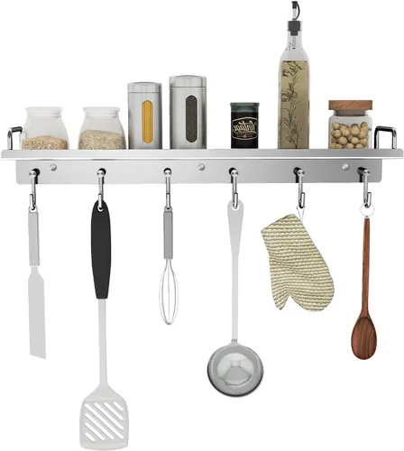 Miniatura 9 de Audmore Estante para utensilios de cocina, estante de especias con ganchos para montaje en pared, estante sobre la estufa, acero inoxidable, estante