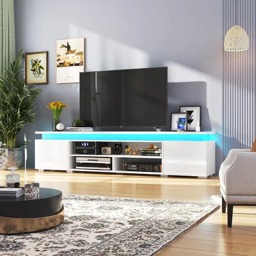Miniatura 14 de Hlivelood Soporte de TV LED para TV de 75 pulgadas, moderno soporte de TV con toma de corriente, consola de TV de alto brillo con almacenamiento