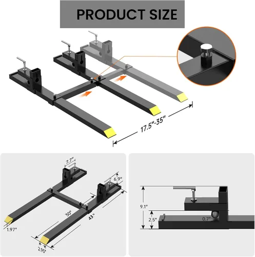 Miniatura 3 de Abrazadera de 2000 libras en horquillas de paleta, estante de horquilla resistente de 43 pulgadas con barra estabilizadora ajustable para tractor