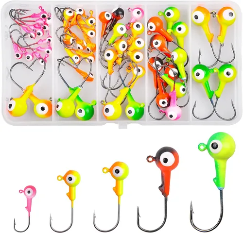 Kit de ganchos para cabeza de plantilla de pesca, 69/70 piezas de bolas redondas de crappie cabezas señuelos de pesca pintados surtidos señuelos de