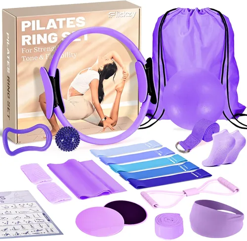 Pilates Ring Set for Women, Pilates Set with Magic Circle, Ball and Resistance Bands, Pilates Kit for Home Workout, Pilates Equipment Set for Púrpura