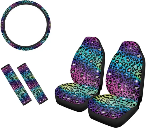JEOCODY Colorido leopardo 2 fundas de asiento de coche con 1 funda para volante, 2 almohadillas para cinturón de seguridad, 5 piezas universales
