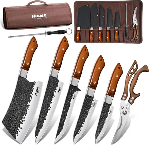 Huusk Juego de 7 cuchillos de carnicero - Juego de cuchillos de chef japonés con varilla de afilar, tijeras de cocina y bolsa de rollo portátil,