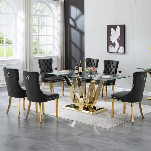 Miniatura 16 de Mesa de comedor moderna de vidrio de 70 pulgadas para 6-8, mesa de comedor de cristal dorado de lujo con base de acero inoxidable en forma de flores