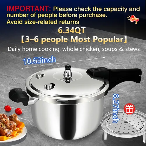 Miniatura 2 de Olla a presión de acero inoxidable de 6 cuartos de galón, resistente a presión de grado alimenticio 304 con válvula de seguridad y mango resistente