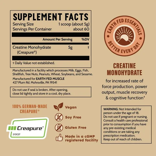 Miniatura 8 de Earth Fed Muscle Monohidrato de creatina en polvo, 10.58 oz, 60 porciones Creatina alemana Creapure para fuerza, potencia y crecimiento muscular