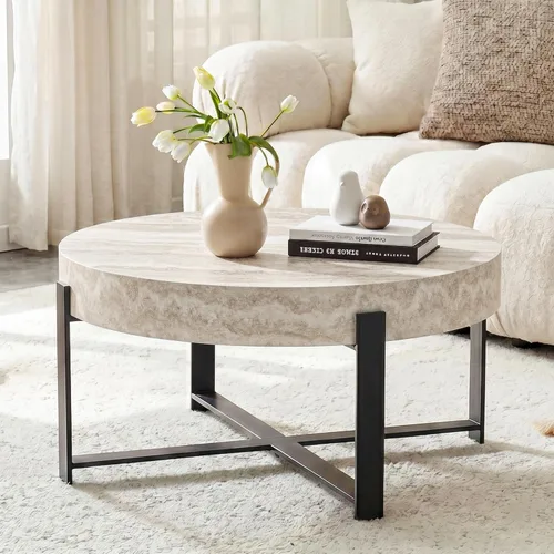 Miniatura 9 de Mesa de centro redonda de 30.7 pulgadas, mesas de centro modernas para sala de estar, mesa de té circular de madera con patas de metal