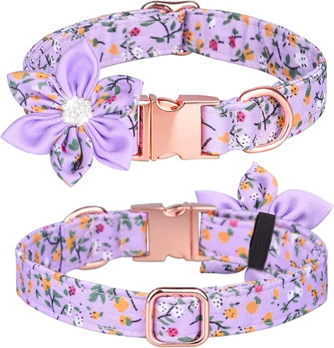 Miniatura 6 de Collar de cachorro con patrón floral, bonito collar de perro con flor de diamantes de imitación desmontable para perras (S, azul)