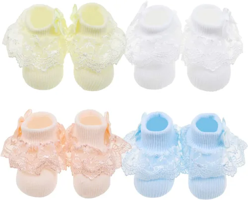 Miniatura 3 de DRESHOW Calcetines de bebé para niñas con ojales y volantes de encaje, calcetines de vestir para recién nacidosbebésniños pequeñosniños para niña
