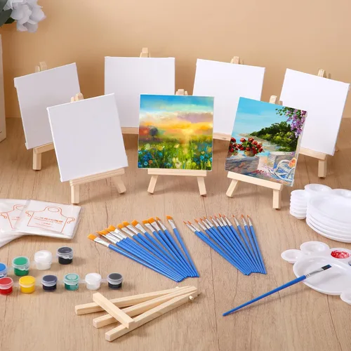 Miniatura 5 de Qilery - Juego de 24 mini paneles de lienzo de 4 x 4 pulgadas y caballete de pintura, 12 tiras de acrílico de colores, pinceles y paletas