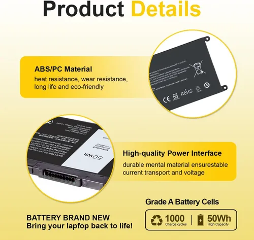 Miniatura 3 de 50WH WDX0R - Batería de repuesto para laptop Dell Inspiron 13/15/17 5000/7000 5368 5378 7378 5568 5578 5580 57670, Latitude 3180-3590, Vostro 5568