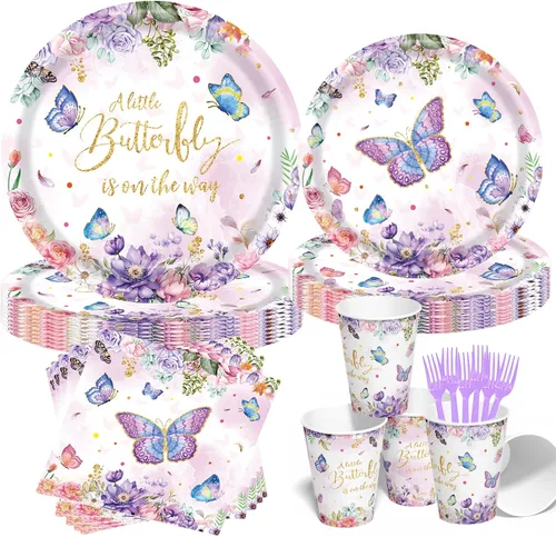 Suministros de fiesta de cumpleaños de mariposa, juego de vajilla desechable de mariposa de 120 piezas con platos, vasos, servilletas y tenedores de