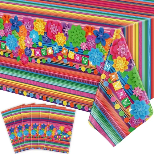Miniatura 10 de Mantel de plástico para fiesta mexicana, 4 unidades, diseño de flores de papel a rayas mexicanas, decoración rectangular para fiesta de taco