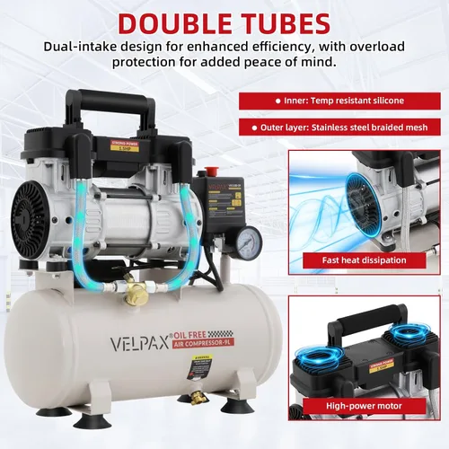 Miniatura 6 de Compresor de aire ultra silencioso, solo 60dB, tanque de 2.4 galones, sin aceite, 110V/60Hz 1.5HP, 6.71CFM a 115PSI, compresor de aire perfecto