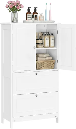 ZenStyle Armario de almacenamiento de piso de baño, organizador de cocina con 2 cajones y 2 puertas, estante ajustable de 5 alturas independientes,