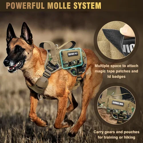 Miniatura 8 de WINSEE - Arnés táctico para perro grande, chaleco MOLLE de servicio para perro resistente con 10 parches para mascotas, chaleco militar de trabajo