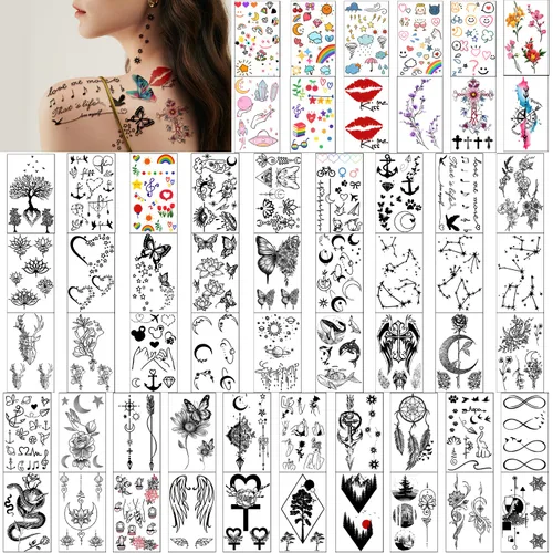 Yazhiji 60 hojas de tatuajes temporales impermeables pequeños, luna, estrellas, constelaciones, música, brújula, ancla, palabras, líneas, flores