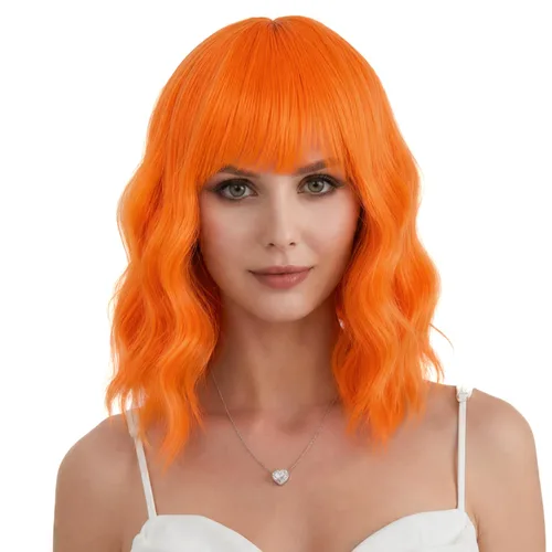 Miniatura 10 de eNilecor Peluca de color negro a marrón para mujer, peluca de pelo corto ondulado rizado con flequillo, 14 pulgadas, disfraz de fiesta sintético