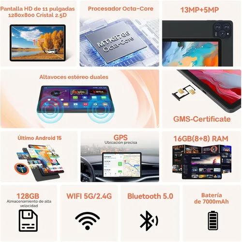 Miniatura 2 de Tableta Android 15 de 11 pulgadas con procesador Octa Core 16 GB RAM 128 GB ROM 1TB Expandir tableta con batería de 7000 mAh, cámara de 21 MP