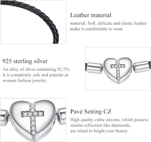 Miniatura 6 de Pulsera tejida de cuero negro auténtico con plata de ley 925 con cierre de cruz de corazón para cuentas Pandora