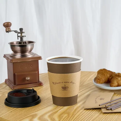 Miniatura 5 de LITOPAK Paquete de 100 tazas de café de papel de 12 onzas con tapas, fundas y palitos de agitación para café, agua o jugo, tazas de papel 12 oz