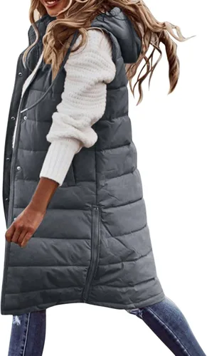 Miniatura 16 de Chaleco largo para mujer, sin mangas, acolchado, con cremallera, capucha, abrigo de invierno cálido, ligero, con bolsillos