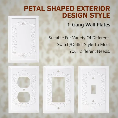 Miniatura 7 de Cubiertas de enchufe decorativas modernas de estilo clásico con diseño en relieve de pétalo, blanco, placa de pared para receptáculo eléctrico