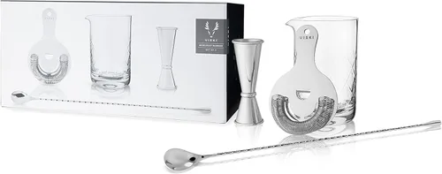 Viski Kit de barman mixology de acero inoxidable, incluye vaso mezclador, colador Hawthorne, doble jigger y cuchara para bebidas revueltas y plateado