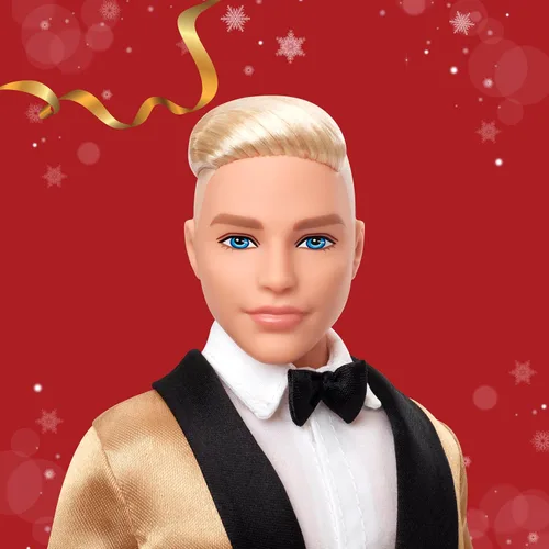 Miniatura 2 de Barbie Signature 2025 Holiday Blonde Ken - Muñeca coleccionable a la moda con traje completo con chaqueta dorada en embalaje exhibible y soporte