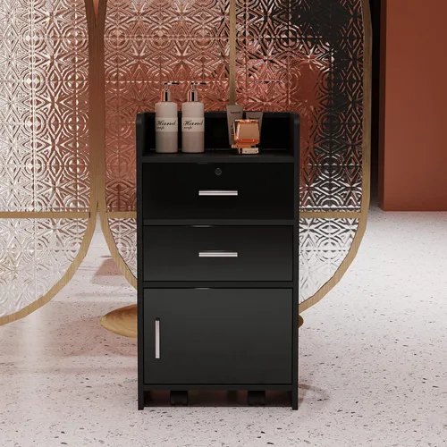 SSLine Estación de salón moderna, soporte de piso negro, gabinete de madera para estilista, peluquería, peluquería, mesa de almacenamiento clásica