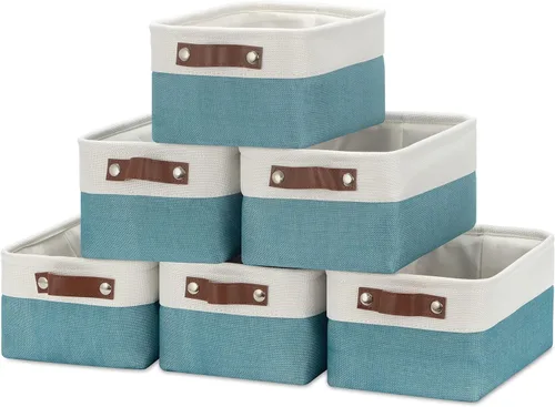 Miniatura 22 de HNZIGE Cestas organizadoras grandes de tela (3 unidades), canastas decorativas plegables con asas de cuero (crema, 15 x 11 x 9.5 pulgadas)