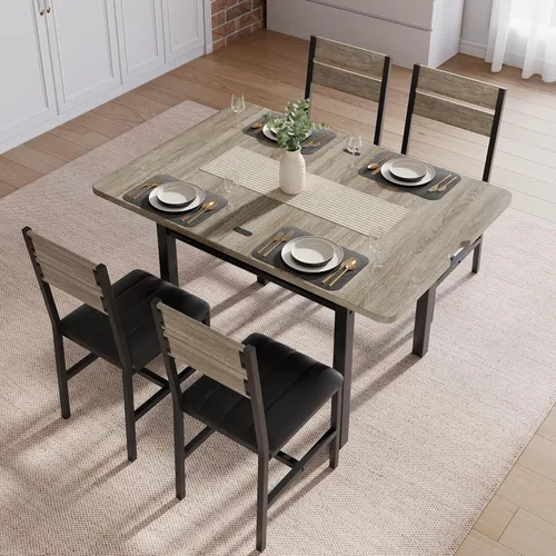 Miniatura 2 de MapleGrace Juego de mesa de comedor para 4, mesa de cocina extensible con 4 sillas de comedor tapizadas de piel sintética, juego de mesa de cocina