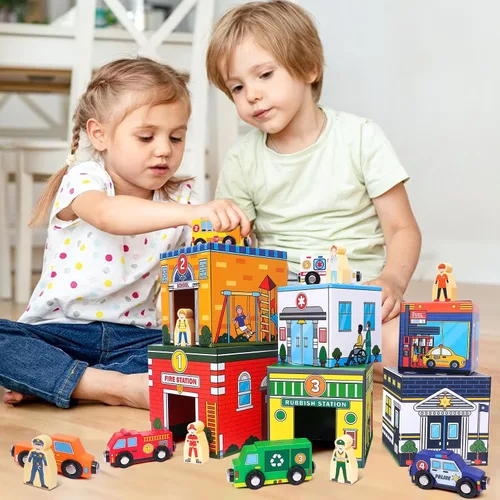 Miniatura 7 de Atoylink - Juguetes de clasificación y apilamiento para niños pequeños con autos magnéticos de madera y ayudantes comunitarios, bloques de números