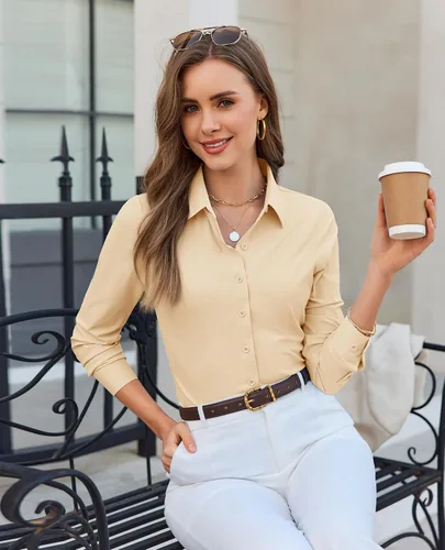 Miniatura 6 de Camisa con botones para mujer, ajustada, elástica, sin arrugas, para mujer, de manga larga, con cuello, blusa de trabajo para uso casual