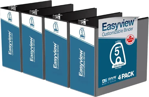 Easyview - Carpetas prémium de 3 anillas con cubiertas transparentes y anillos en D, carpetas para escuela u oficina, 5 pulgadas, paquete de 4, Negro