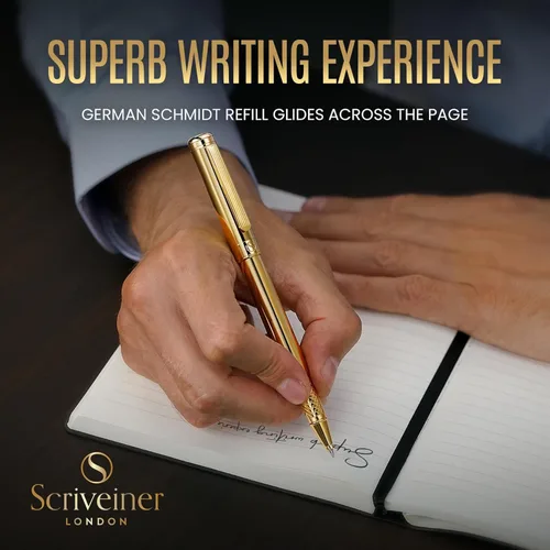 Miniatura 9 de Scriveiner – Bolígrafo roller dorado, baño de oro real, con repuesto de tinta Schmidt, elegante opción de regalo para hombres y mujeres, para 11. Oro