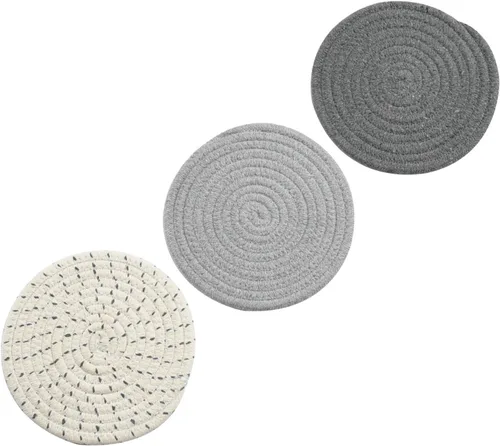 Miniatura 4 de Juego de agarraderas para ollas, juego de salvamanteles 100% algodón tejido de hilo, juego de 3 elegantes posavasos, almohadillas para el calor, Gris